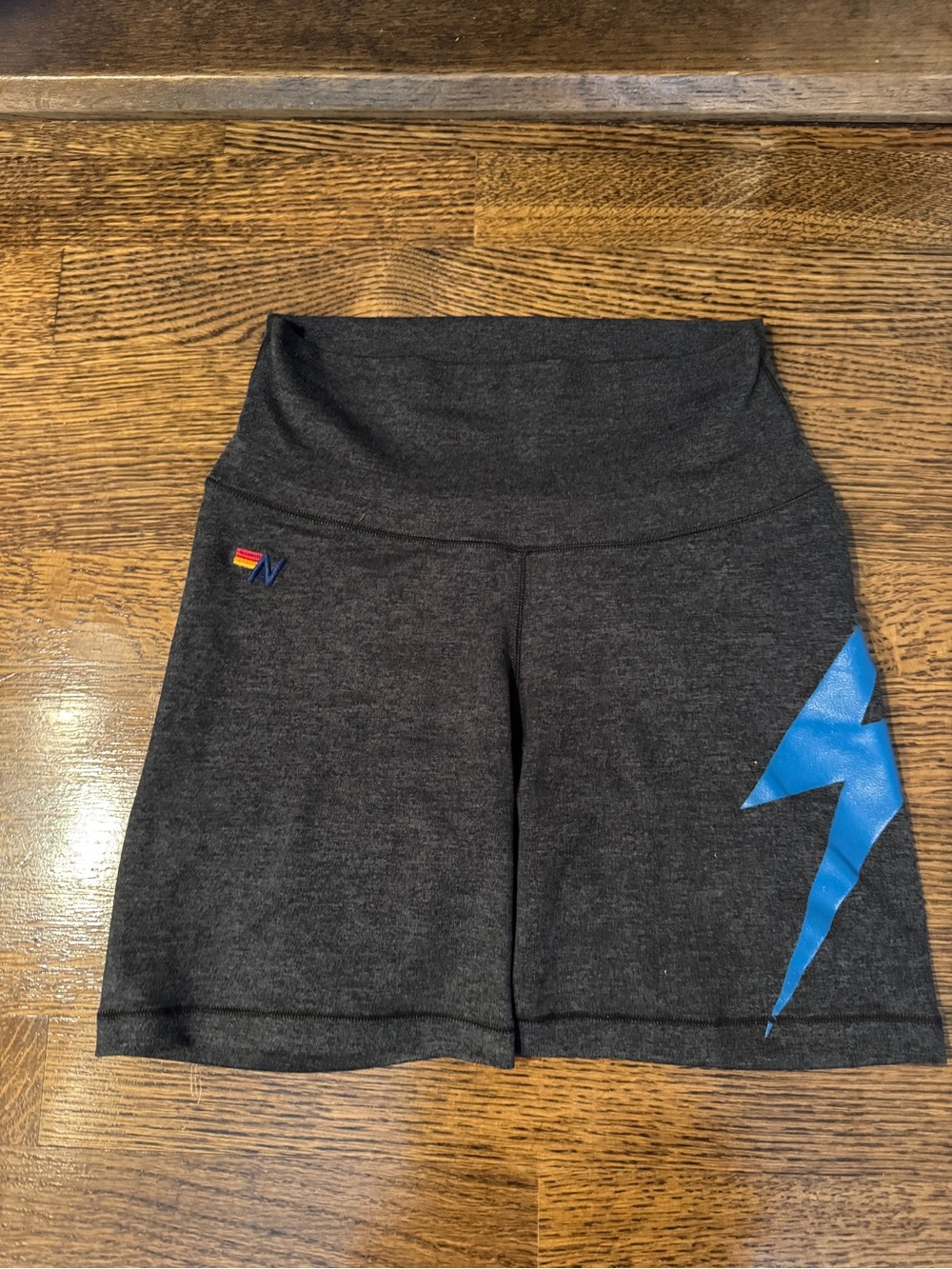 Women’s Aviator Nation High-Waist Charcoal Grey Active Shorts with Blue Bolt